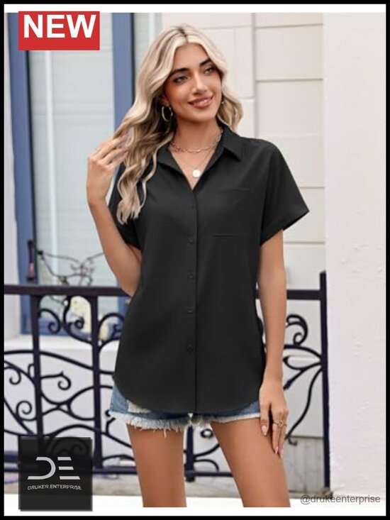 Tops - Short Sleeve V-Neck Button Down Shirt Blouse with Pocket Business Casual Top